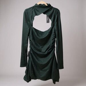 Lulus Open Front & Back Mock Neck Long Sleeve Mini Dress Jade Green L